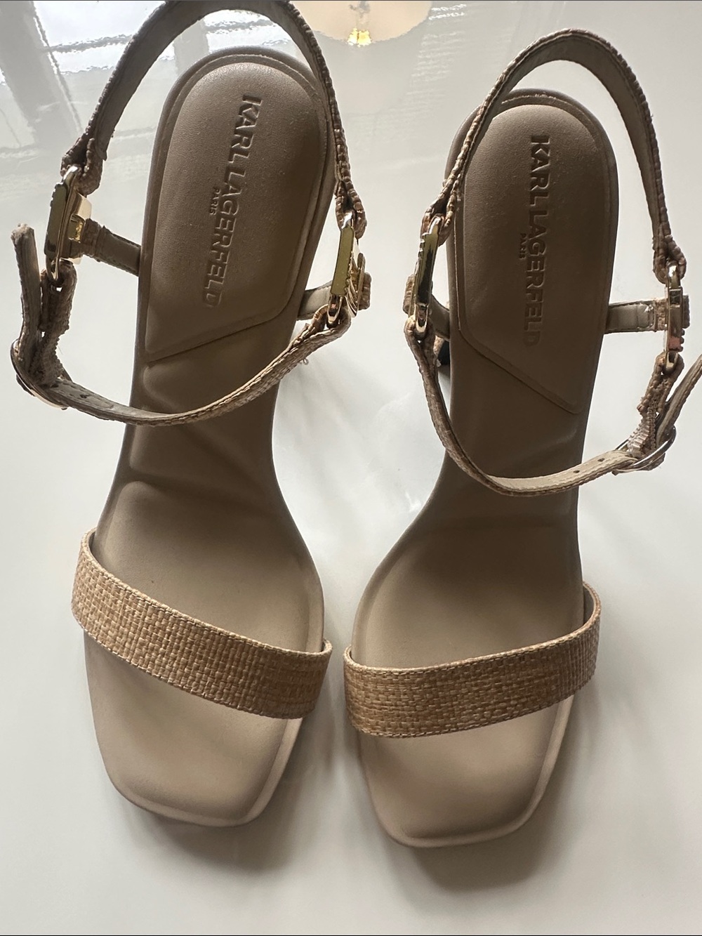 Karl Lagerfeld Tan Woven-Strap Stilettos